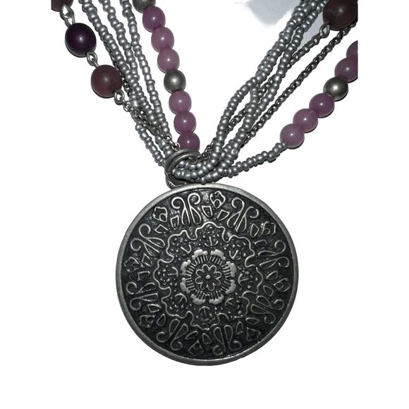 Jewelry - Purple & Gray Medallion Pendant Necklace Multi Strand Adjustable Costume 18.5"